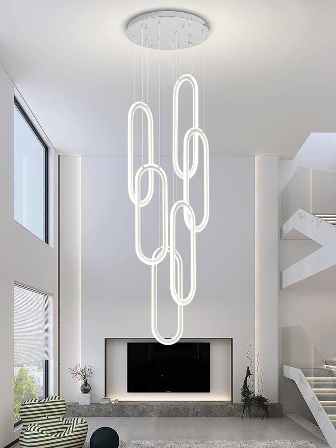 Flashing God Modern Chandelier,Chrome Chandeliers 6 Ring Led Foyer Chandeliers,Larger High Ceiling Chandelier for Living Room,Rectangle Chandelier for Entryway Staircase LED Dimming