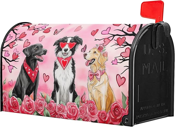 Kawani Valentine's Day Magnetic Mailbox Covers - Pink Rose Heart & Dog Designs, Standard Size 21x18 Inch, Perfect for Anniversary, Wedding, Garden & Yard Decor