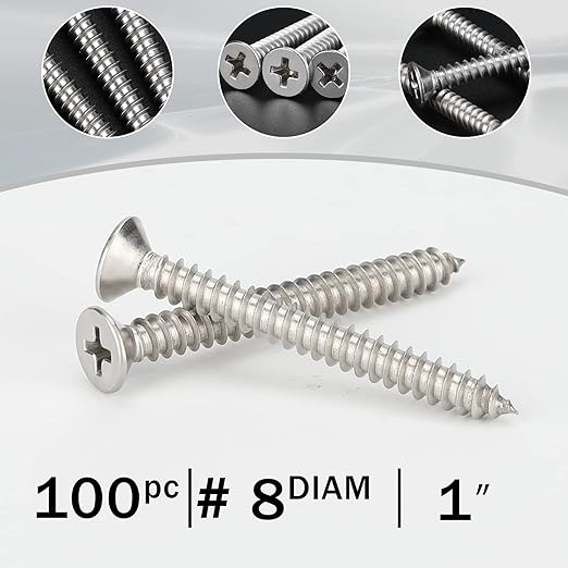 100 PCS #8X1 Stainless Steel Phillips Flat Head Wood Screws,Stainless Steel 18-8 A2(304) Screw,Home Screw Kit by QISHENG