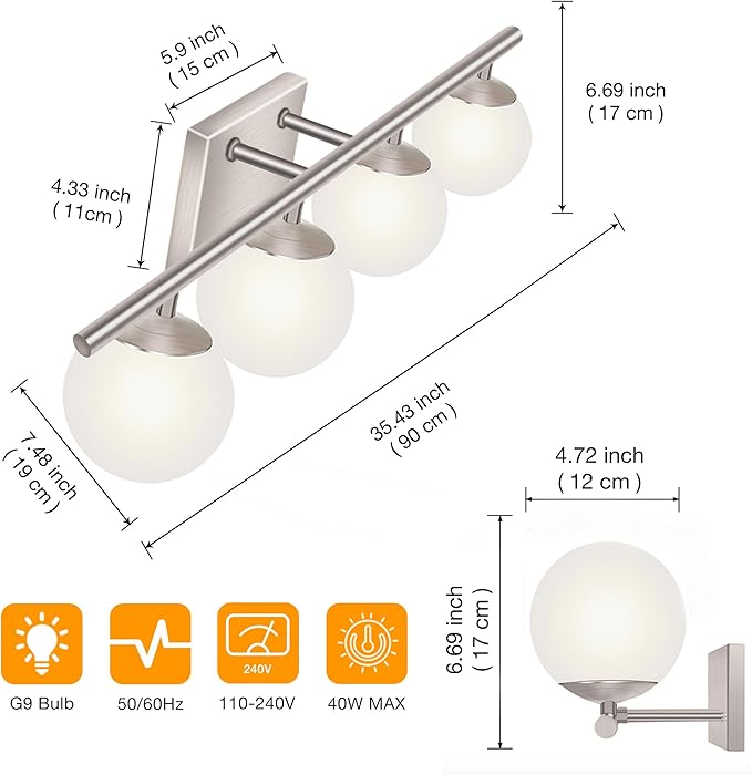 New Bathroom Vanity Light Fixtures 4 Lights Brushed Nickel Glass Shade Modern Wall Bar Sconce Over Mirror（(Exclude G9 Bulb)