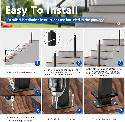 36" T304 Cable Railing Stair Post(Post 35"x2"x2"), 33° Drilled Railing Post with Cable Grommets Fit for 25-35° Stairway, Adjustable Top Mount Stainless Steel Black Finish Staircase Deck Post