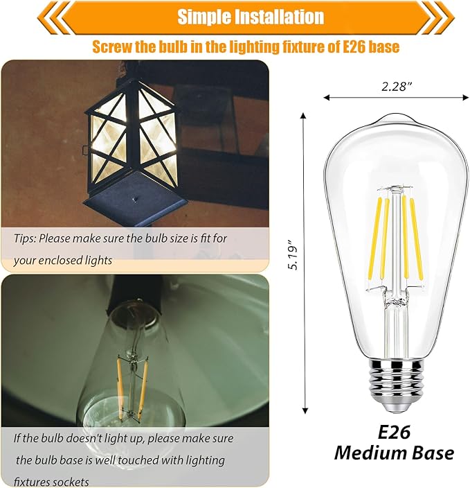 16 Pack LED Edison Bulbs 40W Equivalent, Not-dimmable 4 Watt LED Filament Bulb, 4000K Cool White ST19 Light Bulb, 450LM E26 Vintage Bulbs for Ceiling Light Fixtures