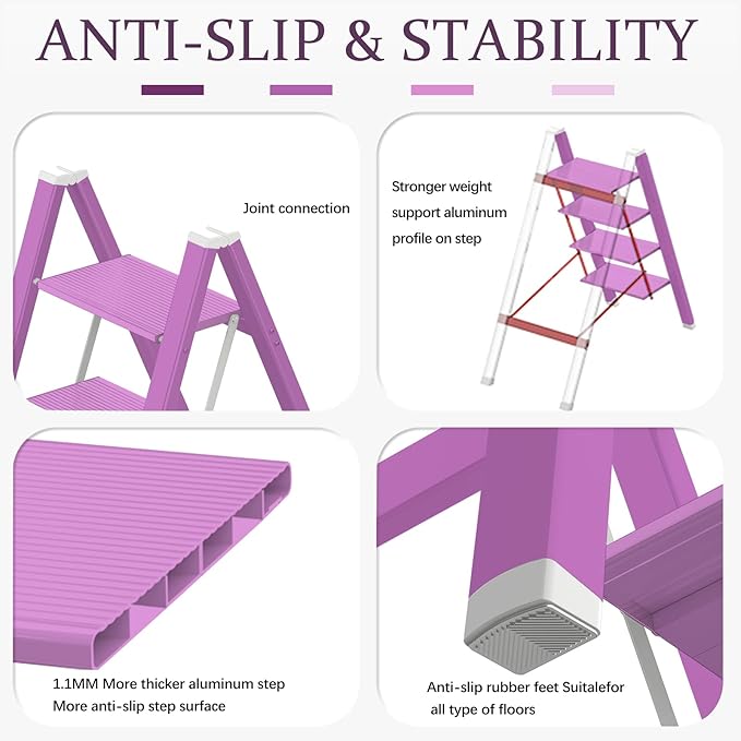 4 Step Lightweight Folding Ladder for Home, 330lbs Aluminum Step Ladder Anti-Slip for Kitchen, Step Stool Foldable Adults for Closet, 330lbs - Light Purple