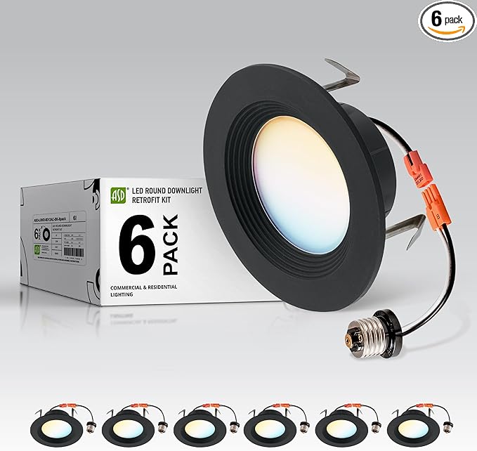 ASD Retrofit LED Recessed Lighting 4 Inch | 9W 700 Lm Wet Rated Dimmable Ceiling Downlights | 2700K-5000K Adjustable CRI90 Black Room Recessed Light Fixtures | LED Can Lights, UL 6 Pack