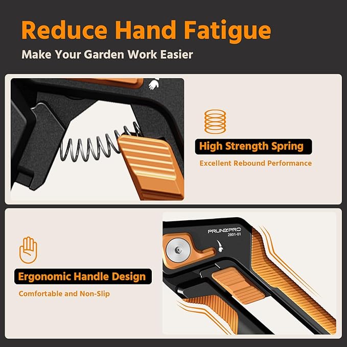 PrunePro Pruning Shears Gardening Scissors Set Professional Hand Pruner Sharp Stainless Steel Blade Teflon Coating Garden Scissors Plant Flower Garden Clipper Orange