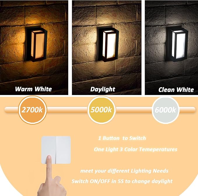 Outdoor Wall Sconce Lights, Square LED Porch Lights Outdoor 18W 3000K 4000K 5000K 3 Color Changeable,Exterior Outside Wall Lights for House Doorway,Carriage
