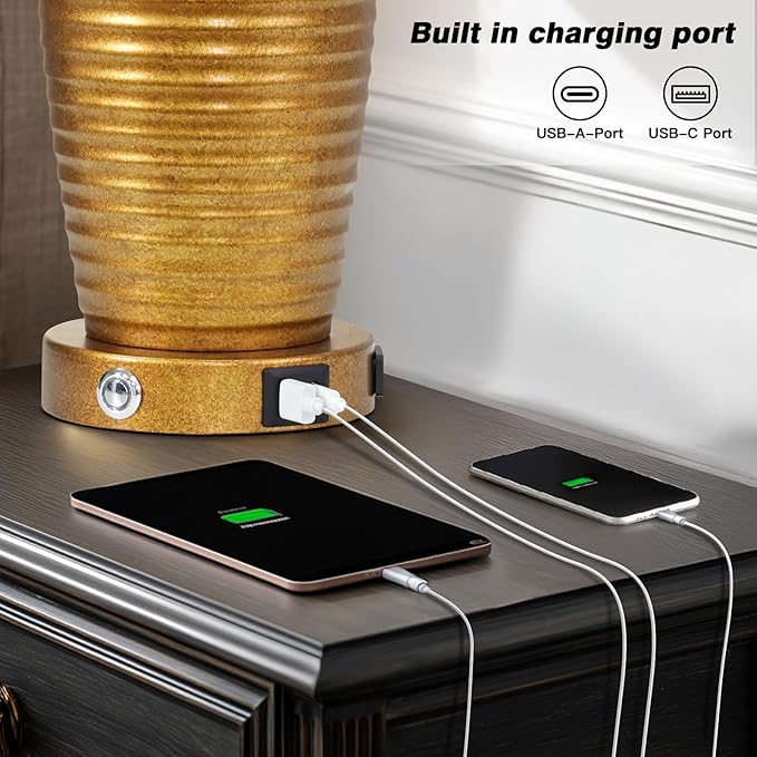 25" Retro Gold Farmhouse Jar Table Lamps Set of 2, 3 Way Touch Control Rustic Bedside Lamps with USB A+C Ports & AC Outlet, Pot Nightstand Lamps for Bedroom Living Room (LED Bulbs Included)