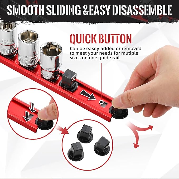 Magnetic Socket Organizer, 9-Piece Heavty Duty Aluminum Socket Holder, Socket Rail for Tool Box, Premium Quality 360° Swivel Socket Rack Kit with 120 Clips for 1/2, 3/8, 1/4-Inch(Multi)