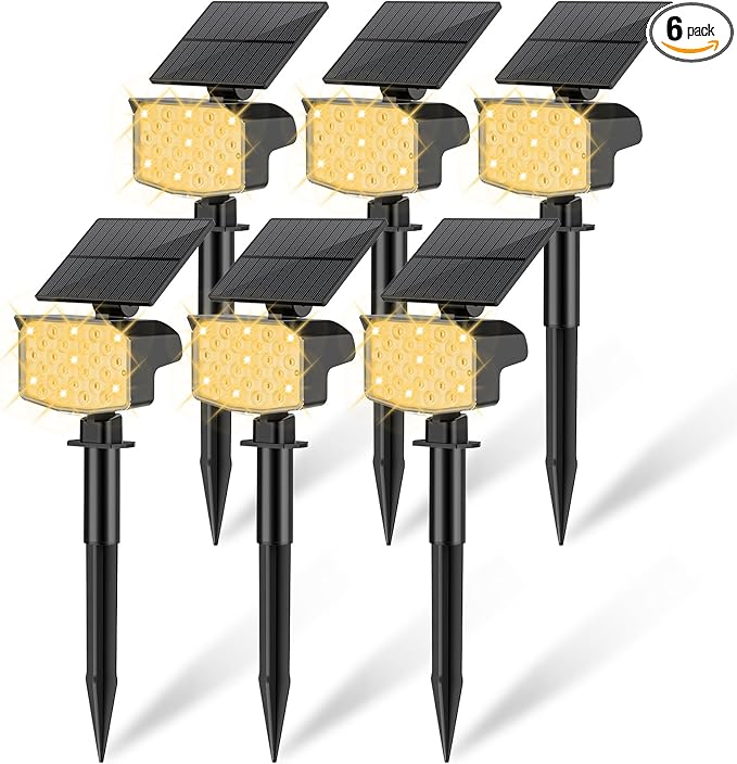 Solar Spot Lights Outdoor Waterproof Adjustable Solar Powered Landscape Lights for Yard 3 Long Time Lighting Modes Spotlights for Pathway Garden Outside Wall Pool Porch- 6 Pack, Warm White