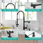 GIMILI Commercial Kitchen Faucet with Pull Down Sprayer, Double Headed Single Handle High Pressure Kitchen Faucet with Soap Dispenser Matte Black