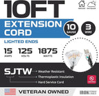 Iron Forge Cable 10 Gauge 10ft Lighted Outdoor Heavy Duty Extension Cord with 3 Outlets - 15 Amp 10/3 SJTW Black Extension Cord with Multiple Outlets
