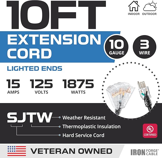 Iron Forge Cable 10 Gauge 10ft Lighted Outdoor Heavy Duty Extension Cord with 3 Outlets - 15 Amp 10/3 SJTW Black Extension Cord with Multiple Outlets