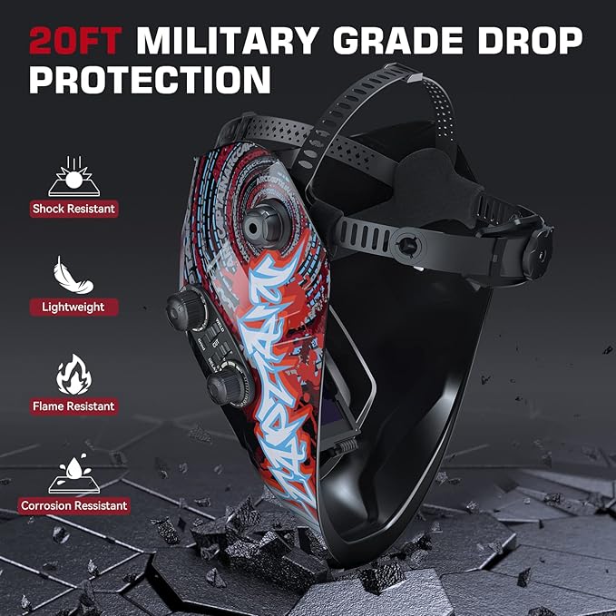 ARCCAPTAIN 3.94"X3.66" Large Viewing Screen Welding Helmet True Color Auto Darkening Solar Powered 4 Arc Sensor Welding Hood, Wide Shade 4-5/5-9/9-13 for ARC TIG MIG Welding Mask(Bloodshed Design)