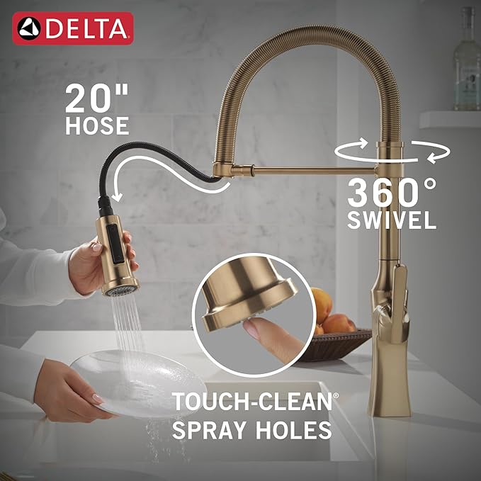 Delta Ermelo Pro Style Commercial Kitchen Faucet with Pull Down Sprayer, Single Hole Brushed Gold Kitchen Sink Faucet, Single Handle, Champagne Bronze 18887-CZ-DST