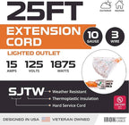 Iron Forge Cable 10 Gauge 25ft Lighted Outdoor Heavy Duty Extension Cord with 3 Outlets - 15 Amp 10/3 SJTW Orange Extension Cord with Multiple Outlets