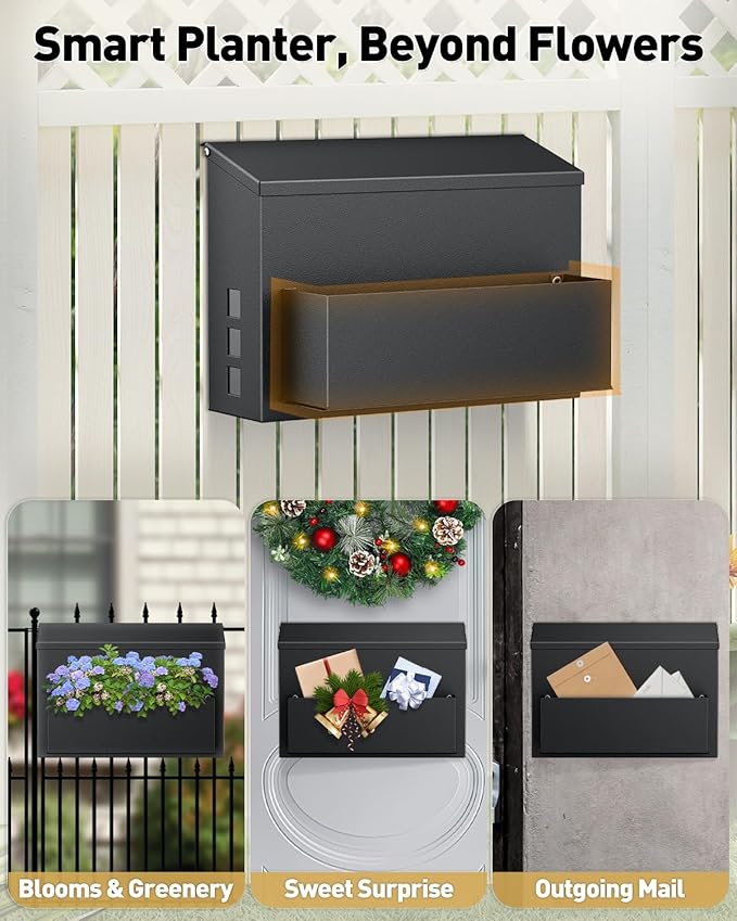Uniclife Wall Mount Mailbox for Outside, Large Mailbox with Planter, Large Capacity Mail Box for House, Rust-Proof Steel Post Box for Home Office School, Modern Metal Drop Case, Black