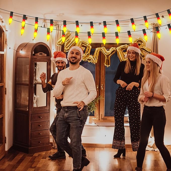 Abeja 12 Pack Flame Lights Bulb, Red &Yellow Flame Shaped Bulb for Candle Lamps, Outdoor C18 String Light, C7/E12 Candelabra Base Night Light Bulbs, 7 Watt, 120 Volt- Red/Yellow