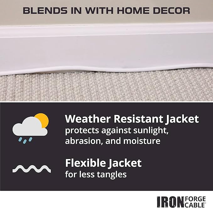 Iron Forge Cable Weatherproof 25 Ft Outdoor Extension Cord - 14/3 SJTW Heavy Duty White Extension Cord 3 Prong - 15 Amp Exterior Power Cable