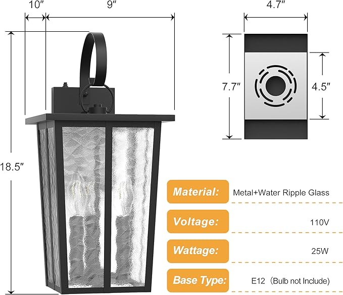 18.58INCH Large Dusk to Dawn Outdoor Lighting, Exterior Lighting Fixtures with Water Ripple Glass, Waterproof Modern Wall Sconces for House, Porch, Patio, Doorway