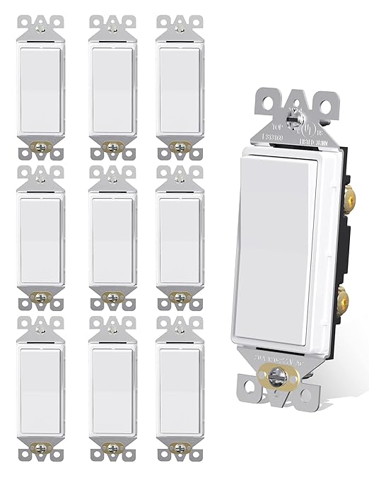 AIDA Light Switch Single Pole Light Switch Square Rocker Switch Decora Switches White, 15 Amp Self-grounding Electrical Light Switches, Residential Grade, UL Listed (10 Pack, Glossy White)