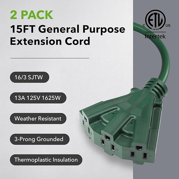 BN-LINK 15Ft Outdoor Extension Cord with 3 Outlets, 2-Pack, 16/3 SJTW, 13-Amp Power Cord for Lighting, Landscaping & Holiday Decorations, Grounded, ETL Listed