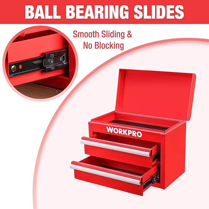 WORKPRO Metal Mini Tool Box, Top Tool Chest containing Two Drawers with Ball Bearing Slides, PVC Drawer Liners and PP Feet Pads, Durable Cold Rolled Steel Small Toolbox for Multi-Purpose Storage