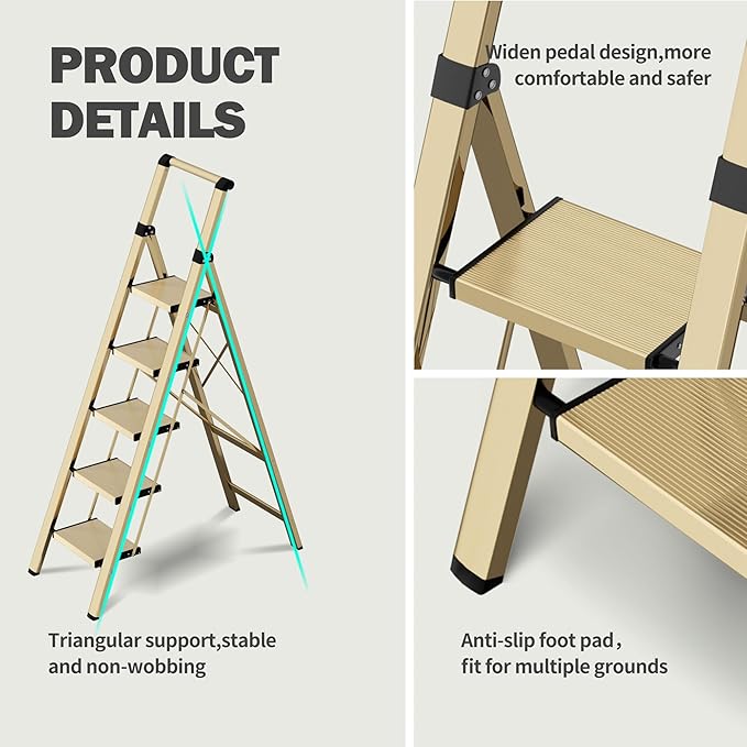 5 Step Step Ladder,Lightweight Folding Step Stool with Anti-Slip Aluminum Wide Pedal&Convenient Handgrip,Steel Ladder for Household and Office(Gold)