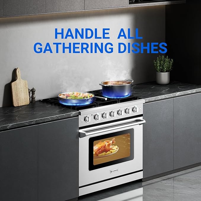 AAOBOSI 36 Inch Front Control Gas Range Oven with 6 Cooktop Burners, 6 Cu. Ft 18000 BTU Convection and Self Clean, Freestanding Heavy Duty Gas Range Stove with Halogen Light,Large Capacity,Silver