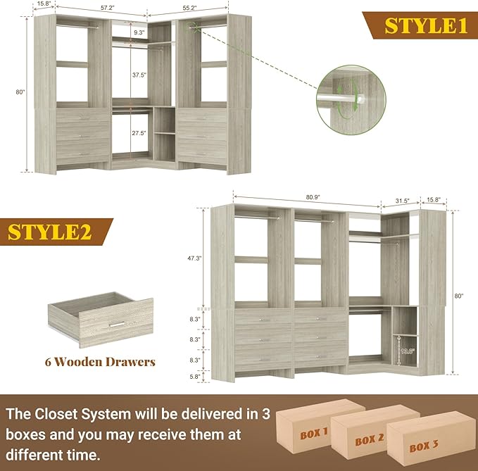 Aheaplus Closet System with 6 Drawers, 4 Hanging Rods & Corner Tower, Corner Closet System with Hanging,80.9" L-Shaped Walk-In Wardrobe Organizer, 2000+ lbs Capacity, Set of 3, White Oak