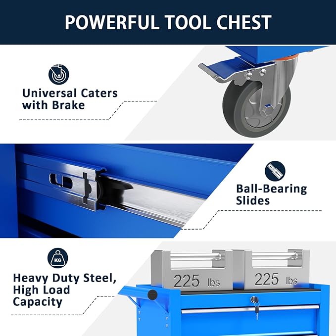 5-Drawer Metal Rolling Tool Chest with Wheels,Tool Storage Cabinet with Locking System，Toolbox with Wheels for Garage, Warehouse, Workshop, Repair Shop (Blue, 5Drawer)