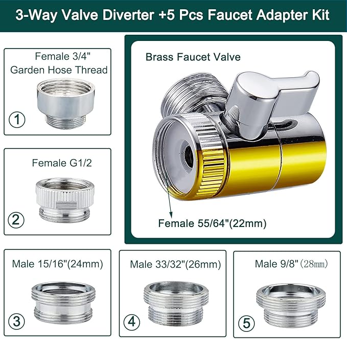 Kitchen Faucet Sink Sprayer Attachment Set,3 Modes Sink Sprayer Replacement Head with Stainless Steel Hose,Faucet Aerator and Brass Diverter Valve (5 pcs Adapter) for Washing Fruit,Dishes and Hair1