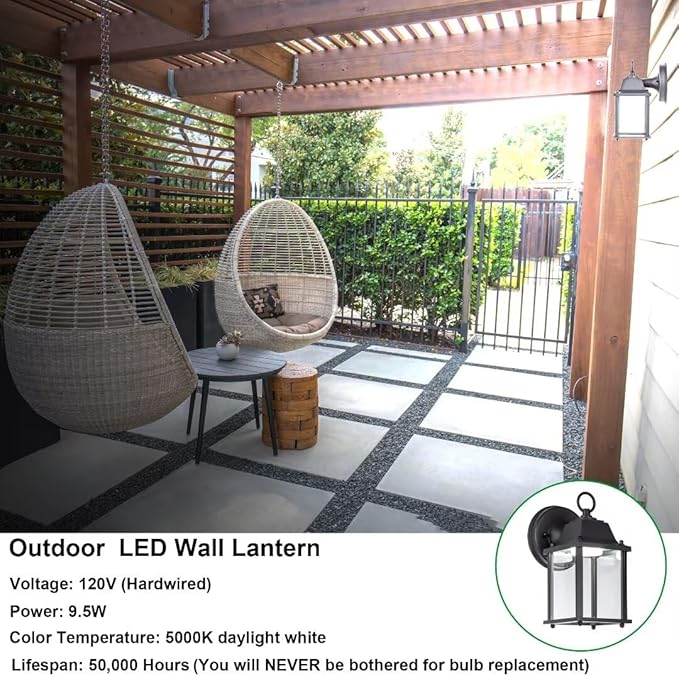 LIT-PaTH Outdoor LED Wall Lantern, Wall Sconce as Porch Lighting Fixture, 5000K Daylight White, 9.5W 800 Lumen, Aluminum Housing Plus Glass, Black Finish, 2-Pack