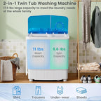 COSTWAY Portable Washing Machine, 17.6 lbs Capacity Twin Tub 11 lbs Washer and 6.6 lbs Spinner with Control Knobs, Timer Function, Drain Pump, Compact Laundry washer for Home Dorm Apartment RV (Blue)