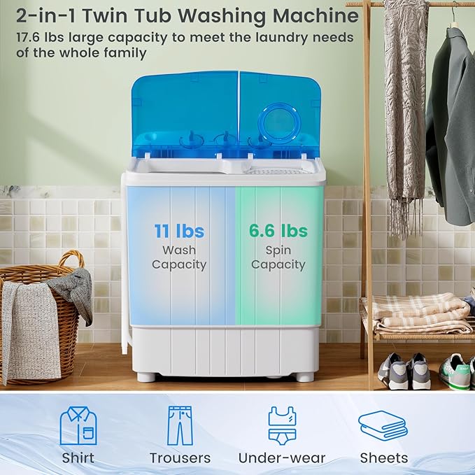 COSTWAY Portable Washing Machine, 17.6 lbs Capacity Twin Tub 11 lbs Washer and 6.6 lbs Spinner with Control Knobs, Timer Function, Drain Pump, Compact Laundry washer for Home Dorm Apartment RV (Blue)