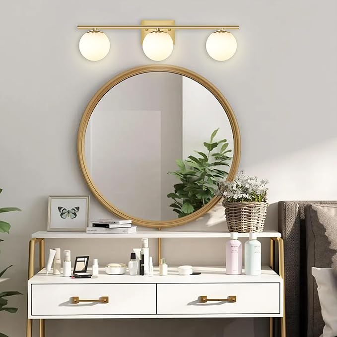 New Bathroom Vanity Light 3 Lights Fixtures Brushed Brass Milk White Globe Glass Shade Modern Wall Bar Sconce Over Mirror (Exclude G9 Bulb)
