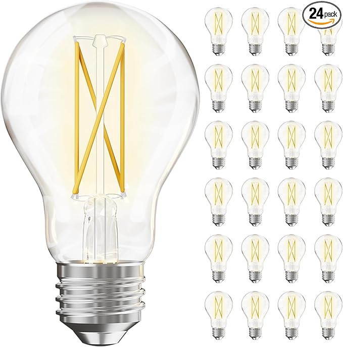 TJOY 24 Pack A19 Vintage LED Edison Bulbs, Dimmable, 60W Equivalent, High Brightness 2700K Warm White, 8W E26 Standard Base, 800 Lumens, CRI80+, Clear Glass Filament Bulb for Home, Farmhouse