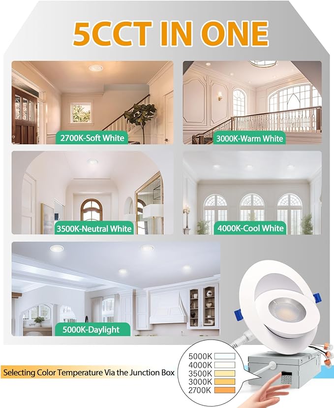zouzai 4 inch 5CCT Gimbal Led Recessed Lights, 360°+90° Adjustable Directional Recessed Lighting, 2700K/3000K/3500K/4000K/5000K Dimmable Retrofit Eyeball Can Lights with Jbox, ETL(White, 6 Pack)