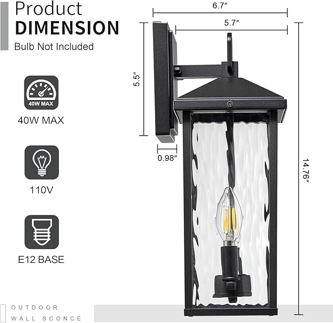 Darkaway Outdoor Wall Lights, Exterior Lighting Fixtures Wall Mount Porch Lights Waterproof Outdoor Sconce with Water Ripple Glass E12 Socket for House Patio Hallway Garage