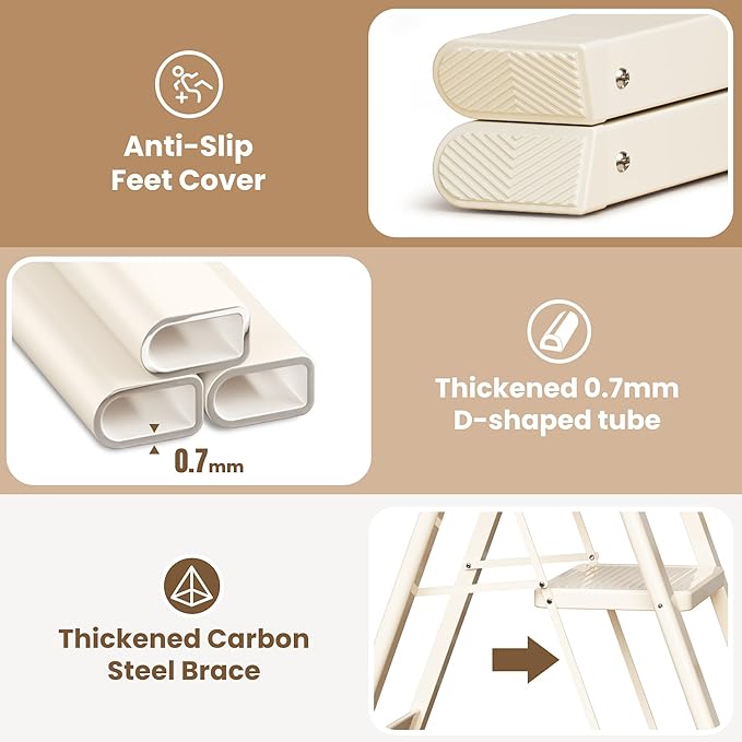 GameGem 3 Step Ladder Folding Step Stool with Wide Anti-Slip Pedal, 330LBS Capacity, Lightweight Portable Stepladder for Home and Kitchen Use, Cream White