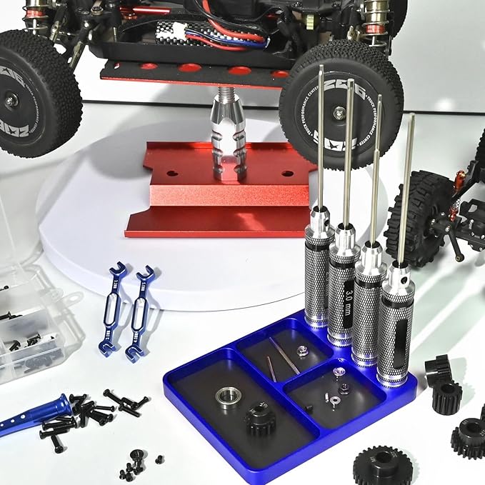 Magnet Tool Tray Aluminum Alloy Screw Tray with Tool Holder RC Parts Fixing for 1/10 RC Cars, Drones, Phone, Computer, Eyeglass, Electronic Multi-Compartment Anti-Loss Organizer Storage Box(Blue)