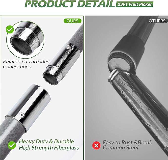 Walensee 23FT Fruit Picker, Adjustable Fruits Picker Tool with Fiberglass Pole, Big Basket and Storage Bag, Fruit Catcher Equipment Tree Picker for Lemons Apples Mango Orange Avocados Fruit Picking