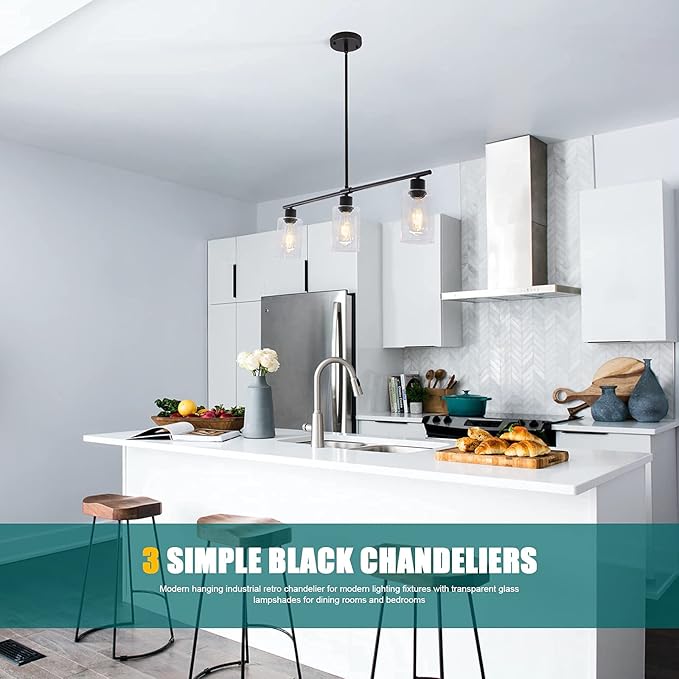 Black Kitchen Island Lighting 3-Light Modern Pendant Light Fixture with Glass Shades Rustic Farmhouse Chandelier Hanging Light Fixtures for Kitchen Island Living Dining Room Bedroom Foyer