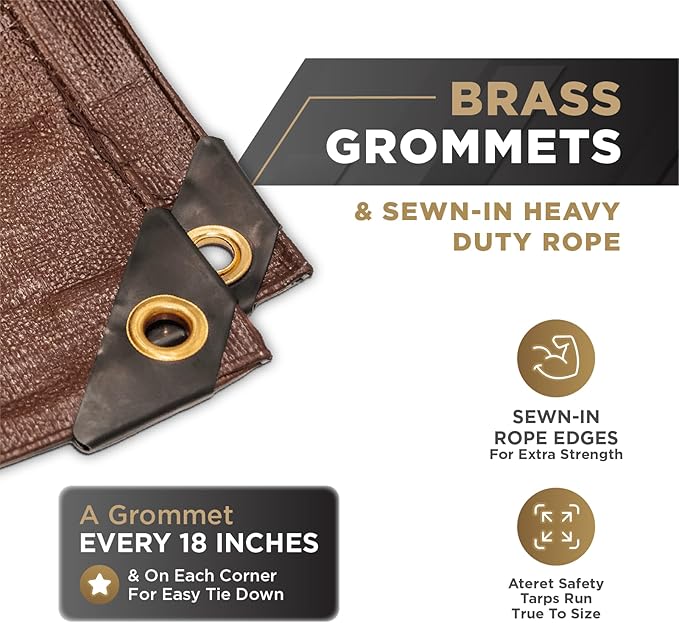 ATERET 5' x 7' Super Heavy Duty 16 Mil Brown Poly Tarp Cover - UV Resistant, Thick Waterproof, Rip and Tear Proof Tarpaulin with Grommets and Reinforced Edges