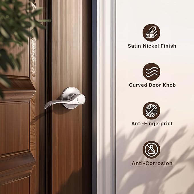 Knobonly 6 Pack Satin Nickel Pasage Door Levers Interior Door Handles for Hallyway andCloset Door Knobs Keyless Nickel Door Handles with Lock, Zinc Alloy Reversible for Right/Left