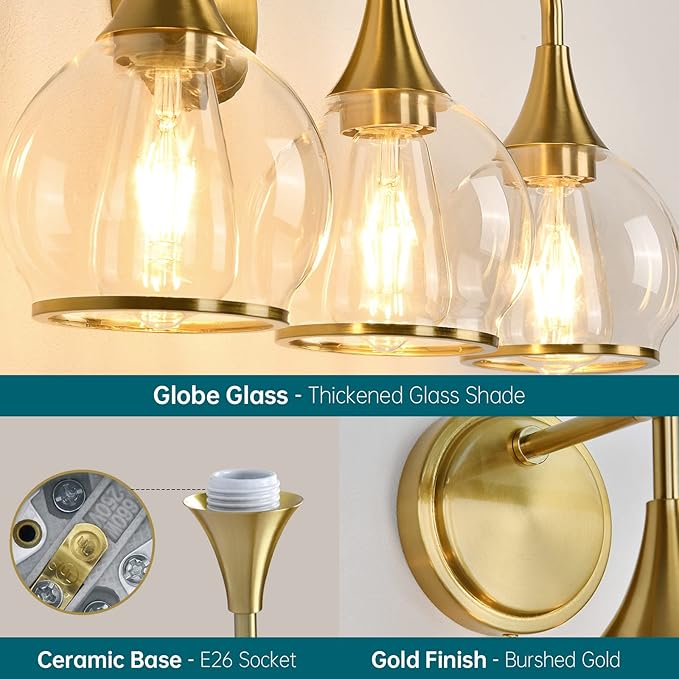 Gold Bathroom Vanity Light 3-Lights Bathroom Light Fixtures Over Mirror with Clear Glass Shade 22.4 inch Wall Sconce Lighting Bath(Exclude E26 Bulb)