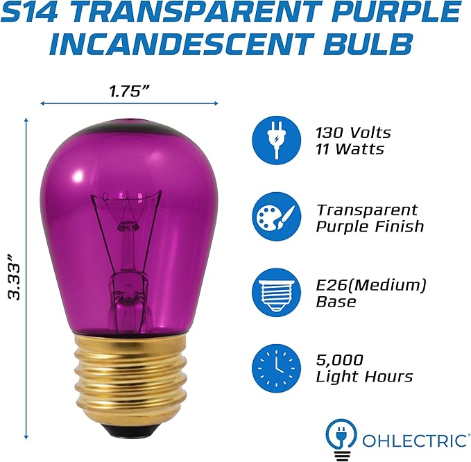OHLECTRIC Purple Night Light Bulbs (10-Pack) 11-Watt S14 Sign Bulb, Decorative Light Bulbs, E26 Medium Base, Colorful Bulbs, Dimmable, Sign Replacement Lamp for Indoor & Outdoor Use. Avg Hours 5000