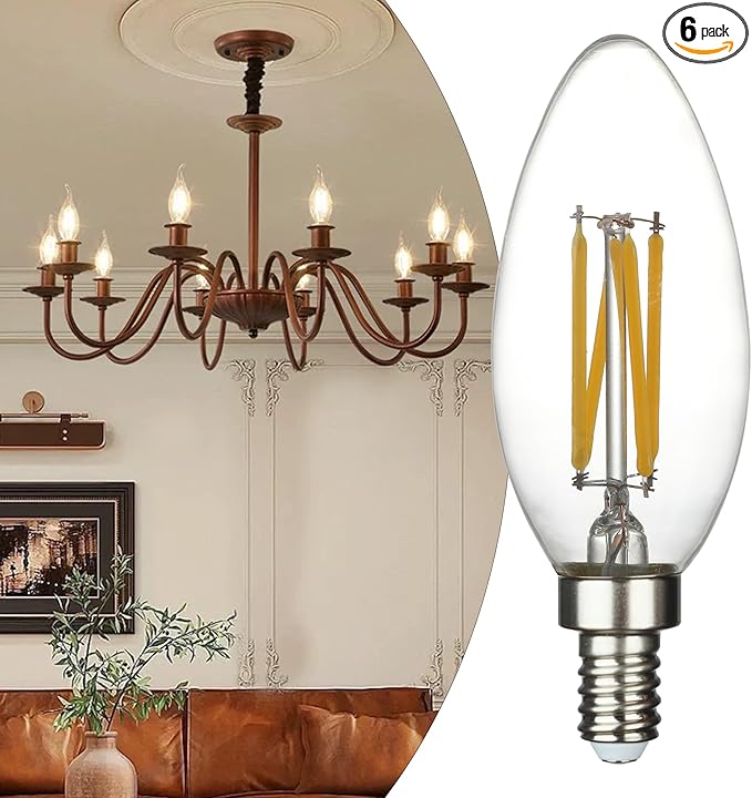 6 Pack E12 LED Candelabra Bulbs 40W Equivalent 4W, 2700K Warm White 400LM Dimmable - Vintage Edison B10 B11 Candle Bulbs for Chandeliers, Ceiling Fans & Lamps, High Brightness Energy Saving