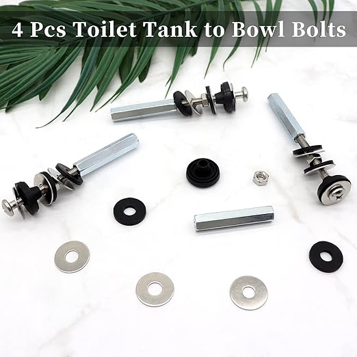 Universal Toilet Tank to Bowl Bolts Kit, Heavy Duty Toilet Bolts, Waterproof Stainless and Rubber Washers Gaskets with Extra Long Nut Screw for Fastening (Silver) (4, Long)