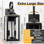 Large Dusk to Dawn Outdoor Lighting - 19" Black Outside Wall Mount Light Fixture with Gold Trim, Exterior Farmhouse Wall Sconce Lantern, Modern Porch Light Exterior Lamp for House 2-Light (1 Pack)