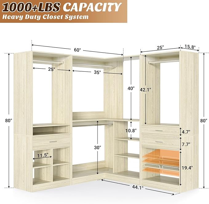 Unikito 86" Corner Closet System, Modular Closets Organizer with 4 Hanging Rods and Storage Shelves, Freestanding Wood Clothes Garment Rack with Drawers, Sturdy Walk in Closet Tower, White Oak